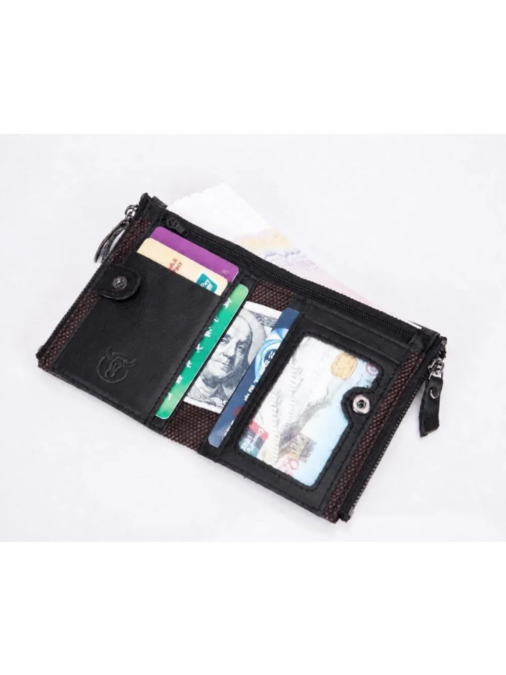 Vintage Genuine Leather Bifold Wallet for Men with Double Zipper Pockets - Black